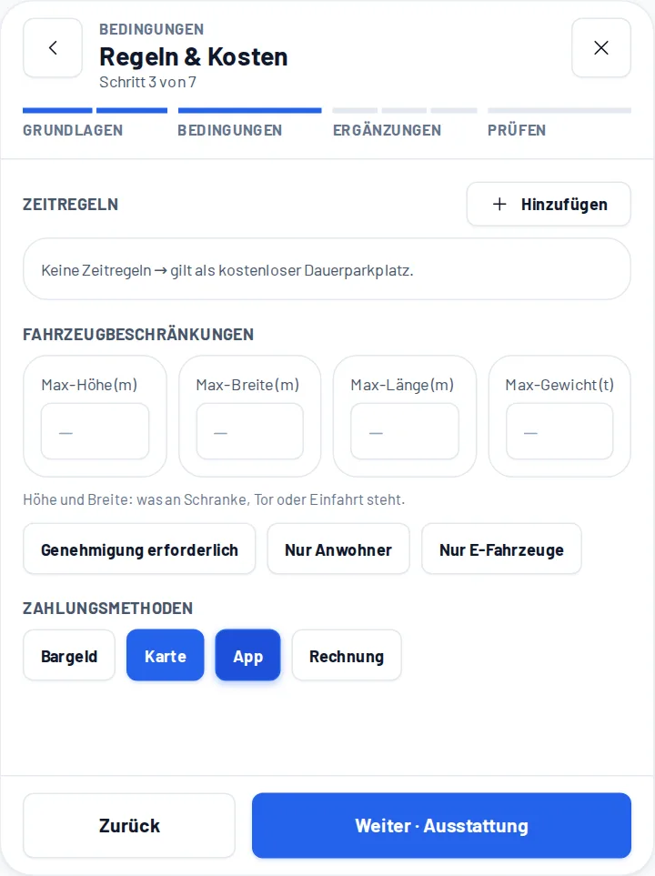 Schritt Regeln und Kosten: Zeitregeln, Fahrzeugbeschränkungen und Zahlungsmethoden
